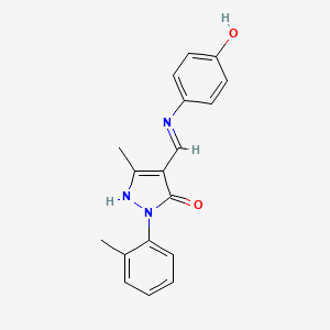 molecular formula C18H17N3O2 B11550583 (4E)-4-{[(4-hydroxyphenyl)amino]methylidene}-5-methyl-2-(2-methylphenyl)-2,4-dihydro-3H-pyrazol-3-one 