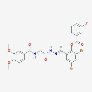 2,4-Dibromo-6-[(E)-({2-[(3,4-dimethoxyphenyl)formamido]acetamido}imino)methyl]phenyl 3-fluorobenzoate