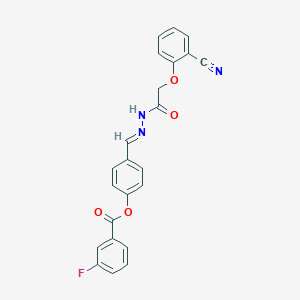 molecular formula C23H16FN3O4 B11550668 4-[(E)-{2-[(2-cyanophenoxy)acetyl]hydrazinylidene}methyl]phenyl 3-fluorobenzoate 