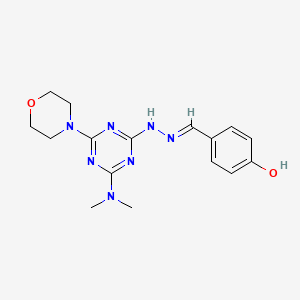 molecular formula C16H21N7O2 B11550744 4-[(E)-{2-[4-(dimethylamino)-6-(morpholin-4-yl)-1,3,5-triazin-2-yl]hydrazinylidene}methyl]phenol 