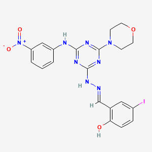 4-iodo-2-[(E)-(2-{4-(morpholin-4-yl)-6-[(3-nitrophenyl)amino]-1,3,5-triazin-2-yl}hydrazinylidene)methyl]phenol