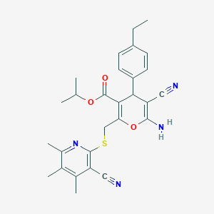 molecular formula C28H30N4O3S B11551388 propan-2-yl 6-amino-5-cyano-2-{[(3-cyano-4,5,6-trimethylpyridin-2-yl)sulfanyl]methyl}-4-(4-ethylphenyl)-4H-pyran-3-carboxylate 