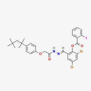 molecular formula C30H31Br2IN2O4 B11551391 2,4-dibromo-6-[(E)-(2-{[4-(2,4,4-trimethylpentan-2-yl)phenoxy]acetyl}hydrazinylidene)methyl]phenyl 2-iodobenzoate 