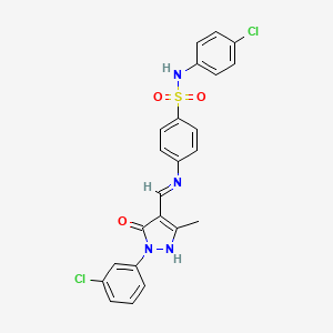 molecular formula C23H18Cl2N4O3S B11551476 N-(4-chlorophenyl)-4-({(E)-[1-(3-chlorophenyl)-3-methyl-5-oxo-1,5-dihydro-4H-pyrazol-4-ylidene]methyl}amino)benzenesulfonamide 