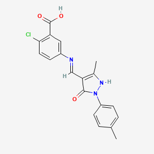 molecular formula C19H16ClN3O3 B11551525 2-chloro-5-({(Z)-[3-methyl-1-(4-methylphenyl)-5-oxo-1,5-dihydro-4H-pyrazol-4-ylidene]methyl}amino)benzoic acid 