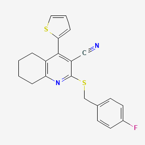 molecular formula C21H17FN2S2 B11551636 2-(4-Fluorobenzylsulfanyl)-4-(2-thienyl)-5,6,7,8-tetrahydroquinoline-3-carbonitrile 