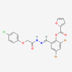 molecular formula C20H13Br2ClN2O5 B11551724 2,4-dibromo-6-[(E)-{2-[(4-chlorophenoxy)acetyl]hydrazinylidene}methyl]phenyl furan-2-carboxylate 