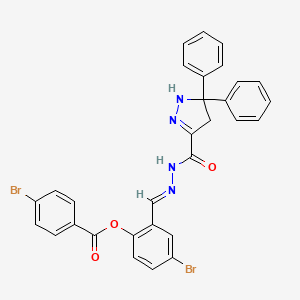 molecular formula C30H22Br2N4O3 B11551810 4-bromo-2-[(E)-{2-[(5,5-diphenyl-4,5-dihydro-1H-pyrazol-3-yl)carbonyl]hydrazinylidene}methyl]phenyl 4-bromobenzoate 