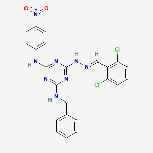 molecular formula C23H18Cl2N8O2 B11551854 N-benzyl-6-[(2E)-2-(2,6-dichlorobenzylidene)hydrazinyl]-N'-(4-nitrophenyl)-1,3,5-triazine-2,4-diamine 