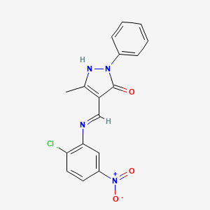 molecular formula C17H13ClN4O3 B11551860 (4E)-4-{[(2-chloro-5-nitrophenyl)amino]methylidene}-5-methyl-2-phenyl-2,4-dihydro-3H-pyrazol-3-one 