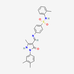 molecular formula C26H26N4O3S B11551898 4-({(E)-[1-(3,4-dimethylphenyl)-3-methyl-5-oxo-1,5-dihydro-4H-pyrazol-4-ylidene]methyl}amino)-N-(2-methylphenyl)benzenesulfonamide 