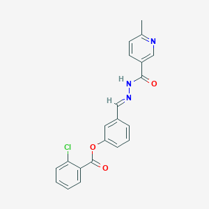 molecular formula C21H16ClN3O3 B11551929 3-[(E)-{2-[(6-methylpyridin-3-yl)carbonyl]hydrazinylidene}methyl]phenyl 2-chlorobenzoate 