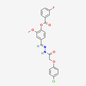 molecular formula C23H18ClFN2O5 B11552008 4-[(E)-{2-[(4-chlorophenoxy)acetyl]hydrazinylidene}methyl]-2-methoxyphenyl 3-fluorobenzoate 