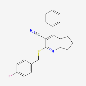 molecular formula C22H17FN2S B11552045 2-[(4-fluorobenzyl)sulfanyl]-4-phenyl-6,7-dihydro-5H-cyclopenta[b]pyridine-3-carbonitrile 