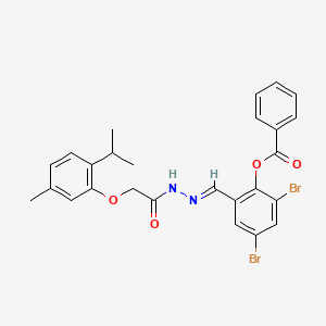 molecular formula C26H24Br2N2O4 B11552147 2,4-dibromo-6-[(E)-(2-{[5-methyl-2-(propan-2-yl)phenoxy]acetyl}hydrazinylidene)methyl]phenyl benzoate 