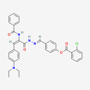 molecular formula C34H31ClN4O4 B11552175 4-[(E)-(2-{(2E)-3-[4-(diethylamino)phenyl]-2-[(phenylcarbonyl)amino]prop-2-enoyl}hydrazinylidene)methyl]phenyl 2-chlorobenzoate 