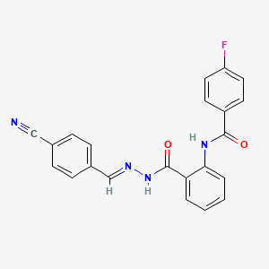 molecular formula C22H15FN4O2 B11552182 N-(2-{[(2E)-2-(4-cyanobenzylidene)hydrazinyl]carbonyl}phenyl)-4-fluorobenzamide 