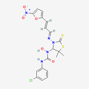 molecular formula C19H18ClN5O5S2 B11552185 3-(3-chlorophenyl)-1-(5,5-dimethyl-3-{[(1E,2E)-3-(5-nitrofuran-2-yl)prop-2-en-1-ylidene]amino}-2-thioxo-1,3-thiazolidin-4-yl)-1-hydroxyurea 