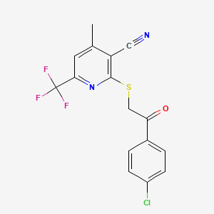 molecular formula C16H10ClF3N2OS B11552395 2-{[2-(4-Chlorophenyl)-2-oxoethyl]sulfanyl}-4-methyl-6-(trifluoromethyl)pyridine-3-carbonitrile 