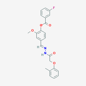 molecular formula C24H21FN2O5 B11552459 2-methoxy-4-[(E)-{2-[(2-methylphenoxy)acetyl]hydrazinylidene}methyl]phenyl 3-fluorobenzoate 