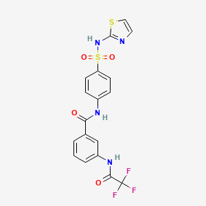 molecular formula C18H13F3N4O4S2 B11552486 N-[4-(1,3-thiazol-2-ylsulfamoyl)phenyl]-3-[(trifluoroacetyl)amino]benzamide 