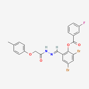 molecular formula C23H17Br2FN2O4 B11552702 2,4-dibromo-6-[(E)-{2-[(4-methylphenoxy)acetyl]hydrazinylidene}methyl]phenyl 3-fluorobenzoate 