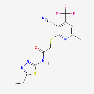 molecular formula C14H12F3N5OS2 B11552757 2-{[3-cyano-6-methyl-4-(trifluoromethyl)pyridin-2-yl]sulfanyl}-N-(5-ethyl-1,3,4-thiadiazol-2-yl)acetamide 