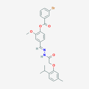 molecular formula C27H27BrN2O5 B11552825 2-methoxy-4-[(E)-(2-{[5-methyl-2-(propan-2-yl)phenoxy]acetyl}hydrazinylidene)methyl]phenyl 3-bromobenzoate CAS No. 339580-46-0