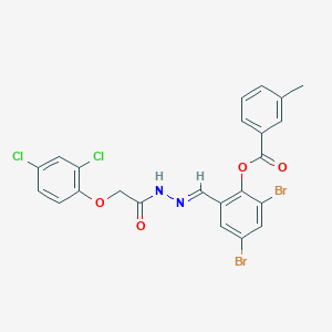 molecular formula C23H16Br2Cl2N2O4 B11552919 2,4-dibromo-6-[(E)-{2-[(2,4-dichlorophenoxy)acetyl]hydrazinylidene}methyl]phenyl 3-methylbenzoate 