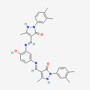 molecular formula C32H32N6O3 B11552924 (4Z,4'Z)-4,4'-{(4-hydroxybenzene-1,3-diyl)bis[imino(Z)methylylidene]}bis[2-(3,4-dimethylphenyl)-5-methyl-2,4-dihydro-3H-pyrazol-3-one] 