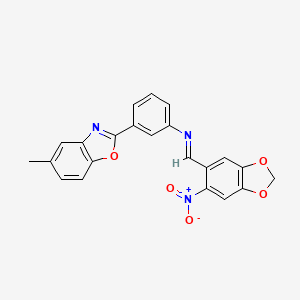 molecular formula C22H15N3O5 B11553080 3-(5-methyl-1,3-benzoxazol-2-yl)-N-[(E)-(6-nitro-1,3-benzodioxol-5-yl)methylidene]aniline 