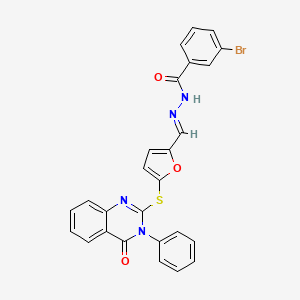 molecular formula C26H17BrN4O3S B11553163 3-bromo-N'-[(E)-{5-[(4-oxo-3-phenyl-3,4-dihydroquinazolin-2-yl)sulfanyl]furan-2-yl}methylidene]benzohydrazide 