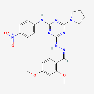 molecular formula C22H24N8O4 B11553195 4-[(2Z)-2-(2,4-dimethoxybenzylidene)hydrazinyl]-N-(4-nitrophenyl)-6-(pyrrolidin-1-yl)-1,3,5-triazin-2-amine 