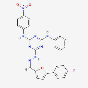 molecular formula C26H19FN8O3 B11553251 6-[(2Z)-2-{[5-(4-fluorophenyl)furan-2-yl]methylidene}hydrazinyl]-N-(4-nitrophenyl)-N'-phenyl-1,3,5-triazine-2,4-diamine 