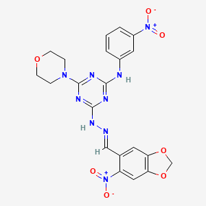 molecular formula C21H19N9O7 B11553358 4-(morpholin-4-yl)-6-{(2E)-2-[(6-nitro-1,3-benzodioxol-5-yl)methylidene]hydrazinyl}-N-(3-nitrophenyl)-1,3,5-triazin-2-amine 