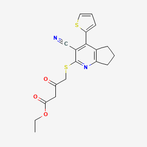 molecular formula C19H18N2O3S2 B11553435 ethyl 4-{[3-cyano-4-(thiophen-2-yl)-6,7-dihydro-5H-cyclopenta[b]pyridin-2-yl]sulfanyl}-3-oxobutanoate 