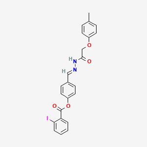 molecular formula C23H19IN2O4 B11553442 4-(2-((4-Methylphenoxy)acetyl)carbohydrazonoyl)phenyl 2-iodobenzoate CAS No. 303087-33-4