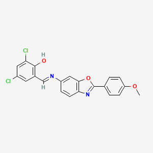 molecular formula C21H14Cl2N2O3 B11553485 2,4-dichloro-6-[(E)-{[2-(4-methoxyphenyl)-1,3-benzoxazol-6-yl]imino}methyl]phenol 