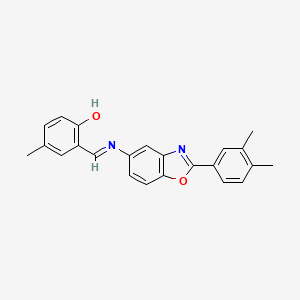 molecular formula C23H20N2O2 B11553675 2-[(E)-{[2-(3,4-dimethylphenyl)-1,3-benzoxazol-5-yl]imino}methyl]-4-methylphenol 