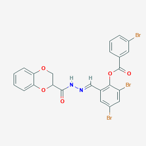 molecular formula C23H15Br3N2O5 B11553752 2,4-dibromo-6-{(E)-[2-(2,3-dihydro-1,4-benzodioxin-2-ylcarbonyl)hydrazinylidene]methyl}phenyl 3-bromobenzoate 