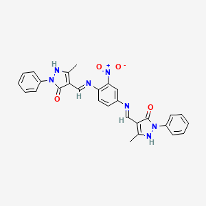 molecular formula C28H23N7O4 B11553796 (4Z)-3-Methyl-4-({[4-({[(4Z)-3-methyl-5-oxo-1-phenyl-4,5-dihydro-1H-pyrazol-4-ylidene]methyl}amino)-3-nitrophenyl]amino}methylidene)-1-phenyl-4,5-dihydro-1H-pyrazol-5-one 