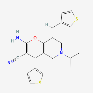 molecular formula C21H21N3OS2 B11553944 (8E)-2-amino-6-(propan-2-yl)-4-(thiophen-3-yl)-8-(thiophen-3-ylmethylidene)-5,6,7,8-tetrahydro-4H-pyrano[3,2-c]pyridine-3-carbonitrile 