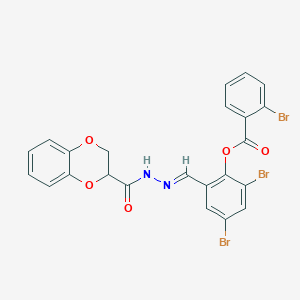 molecular formula C23H15Br3N2O5 B11554008 2,4-dibromo-6-{(E)-[2-(2,3-dihydro-1,4-benzodioxin-2-ylcarbonyl)hydrazinylidene]methyl}phenyl 2-bromobenzoate 