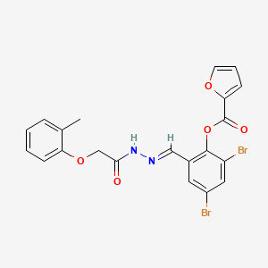 molecular formula C21H16Br2N2O5 B11554016 2,4-dibromo-6-[(E)-{2-[(2-methylphenoxy)acetyl]hydrazinylidene}methyl]phenyl furan-2-carboxylate 