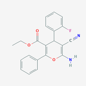 molecular formula C21H17FN2O3 B11554068 ethyl 6-amino-5-cyano-4-(2-fluorophenyl)-2-phenyl-4H-pyran-3-carboxylate 