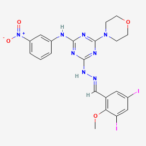 molecular formula C21H20I2N8O4 B11554145 4-[(2E)-2-(3,5-diiodo-2-methoxybenzylidene)hydrazinyl]-6-(morpholin-4-yl)-N-(3-nitrophenyl)-1,3,5-triazin-2-amine 