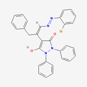 molecular formula C30H23BrN4O2 B11554232 4-{(1E)-1-[2-(2-bromophenyl)hydrazinylidene]-3-phenylpropan-2-ylidene}-1,2-diphenylpyrazolidine-3,5-dione 