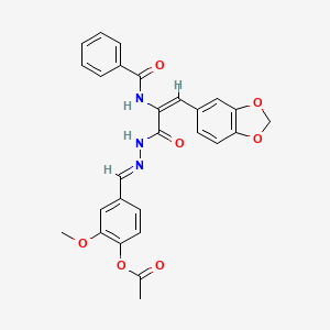 molecular formula C27H23N3O7 B11554587 4-[(E)-(2-{(2E)-3-(1,3-benzodioxol-5-yl)-2-[(phenylcarbonyl)amino]prop-2-enoyl}hydrazinylidene)methyl]-2-methoxyphenyl acetate 