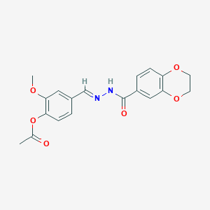 molecular formula C19H18N2O6 B11554599 4-{(E)-[2-(2,3-dihydro-1,4-benzodioxin-6-ylcarbonyl)hydrazinylidene]methyl}-2-methoxyphenyl acetate 