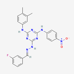 molecular formula C24H21FN8O2 B11554617 N-(3,4-dimethylphenyl)-6-[(2E)-2-(3-fluorobenzylidene)hydrazinyl]-N'-(4-nitrophenyl)-1,3,5-triazine-2,4-diamine 